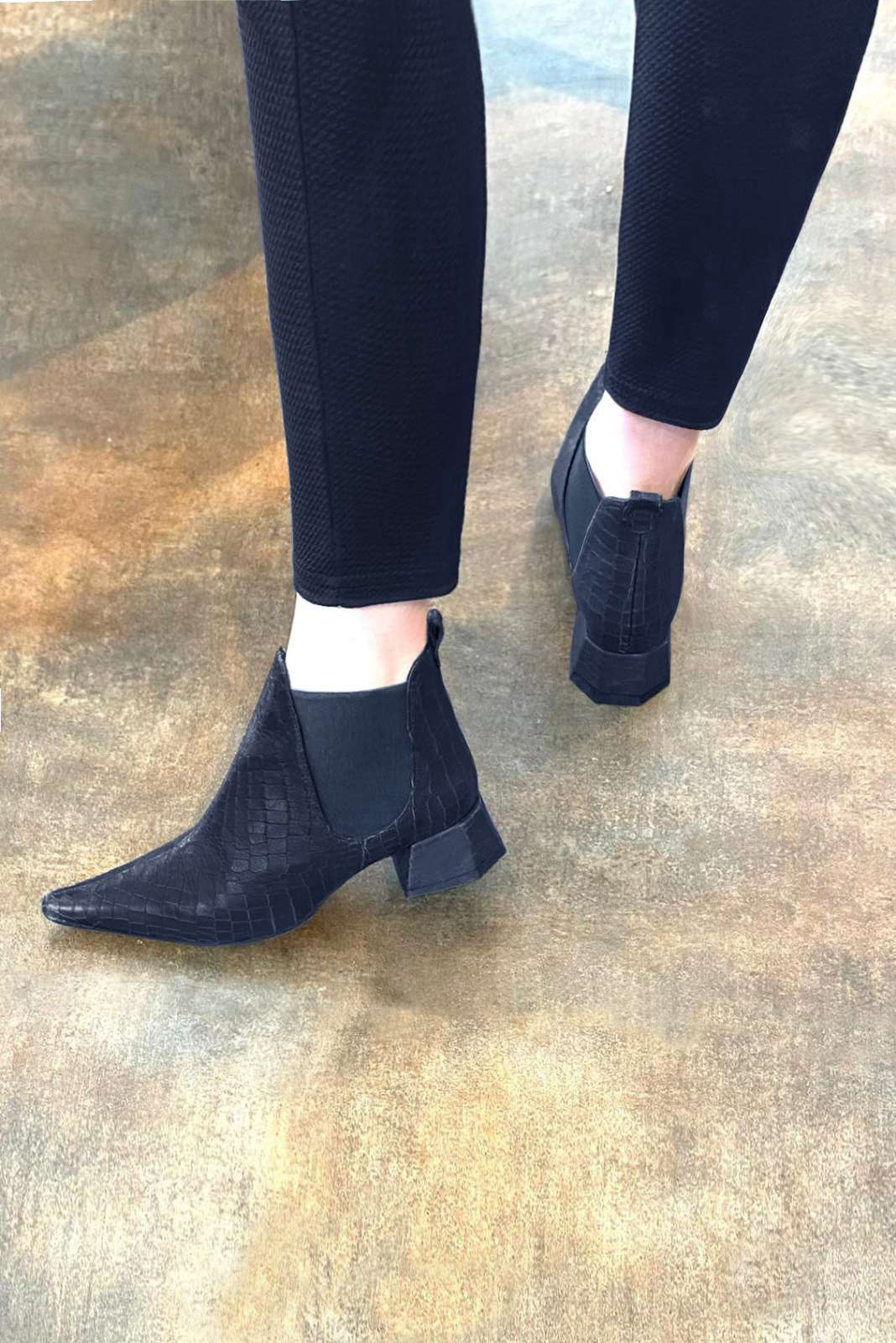 Navy blue women's ankle boots, with elastics. Pointed toe. Low flare heels. Worn view - Florence KOOIJMAN